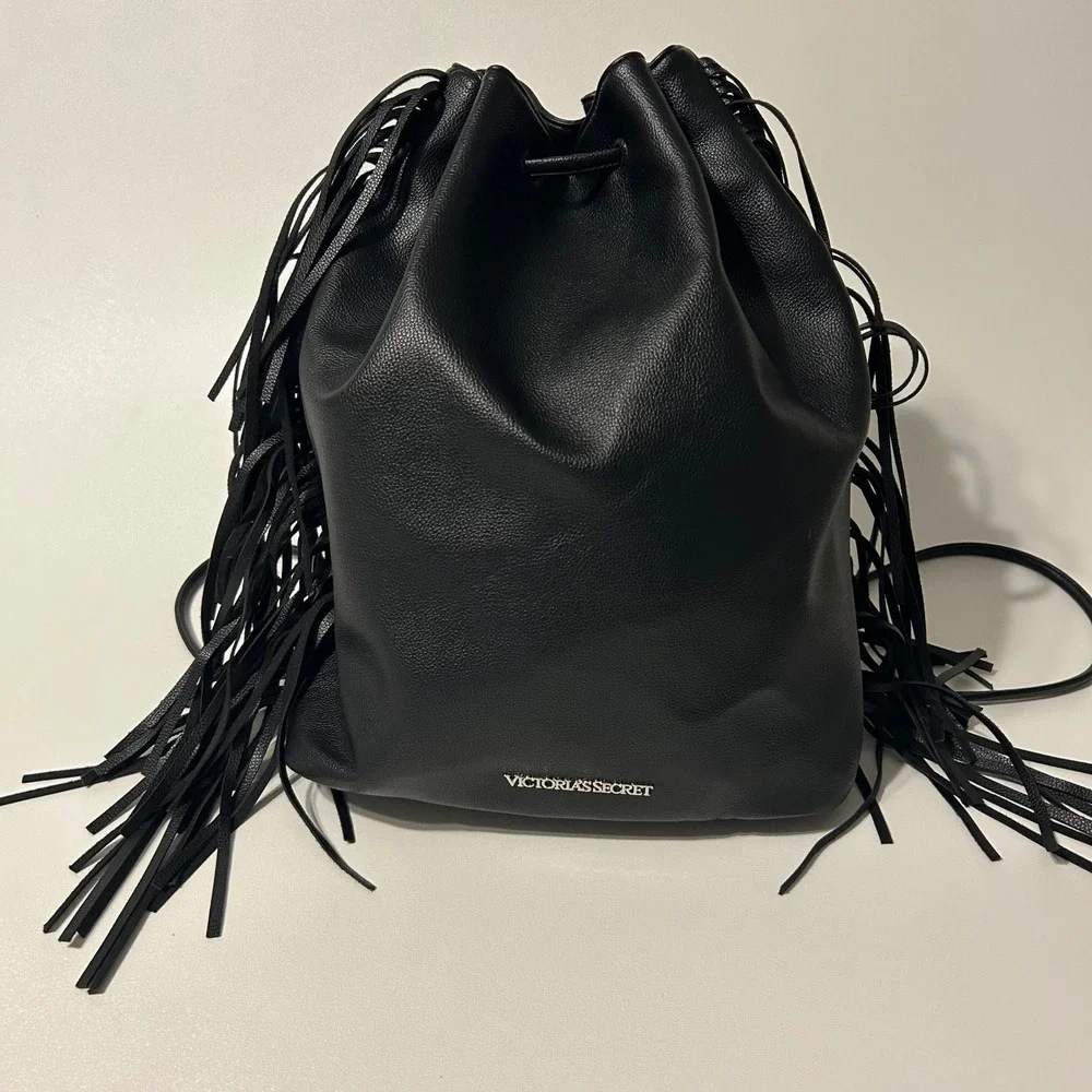 Victorias Secret Purse Black Fringe Backpack Cinch Bag Festival Western Biker